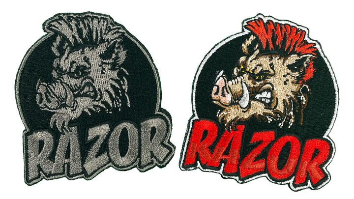 Two 'RAZOR' branded patches with different color schemes on a white background.