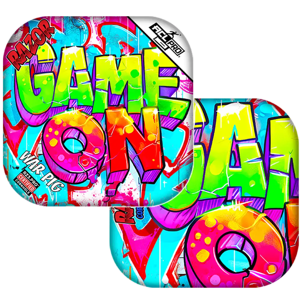 Colorful 'Game On' Cornhole bags with vibrant graphics and text on a white background