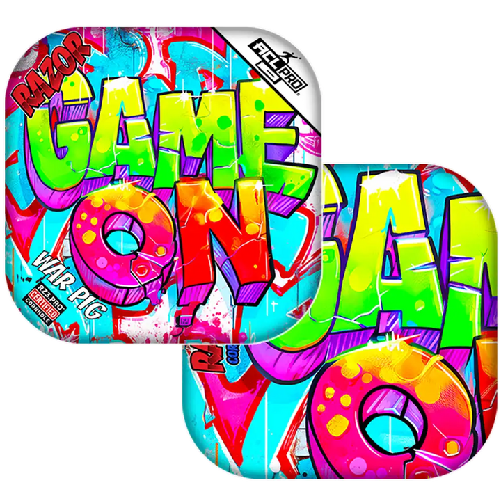 Colorful 'Game On' Cornhole bags with vibrant graphics and text on a white background