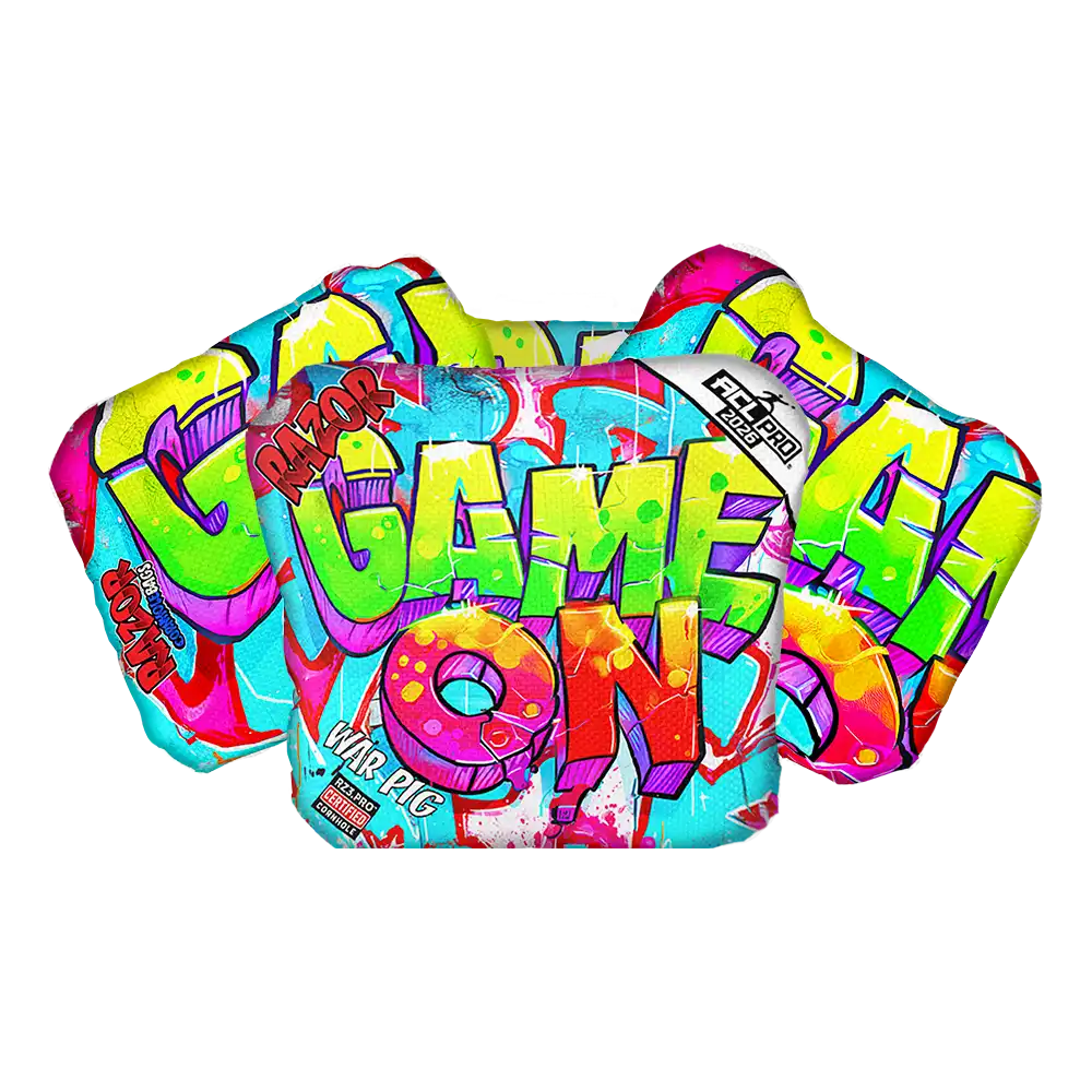 Colorful Cornhole bags with 'Game On' text on a white background