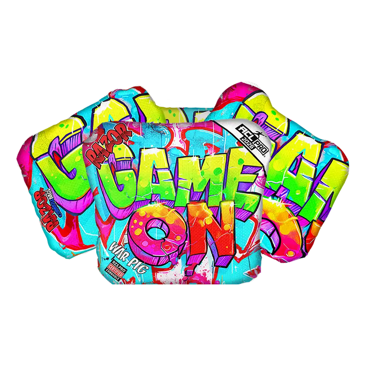 Colorful Cornhole bags with 'Game On' text on a white background