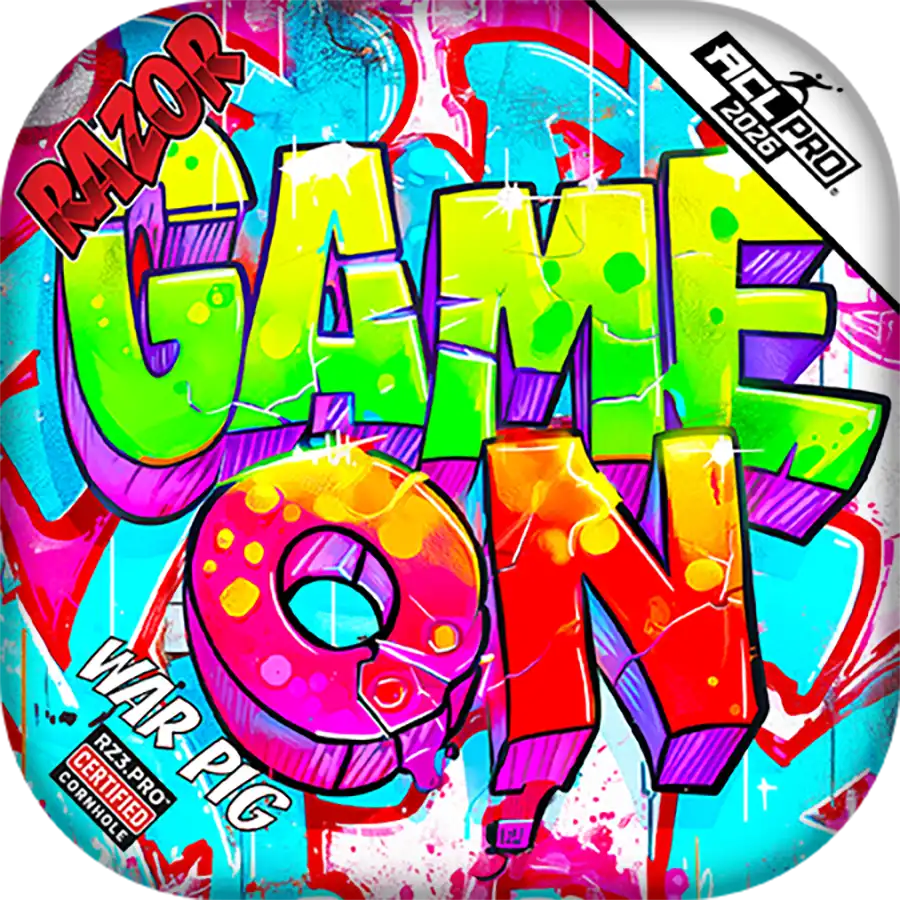Cornhole bags with Colorful packaging with 'Game On' text and Razor branding