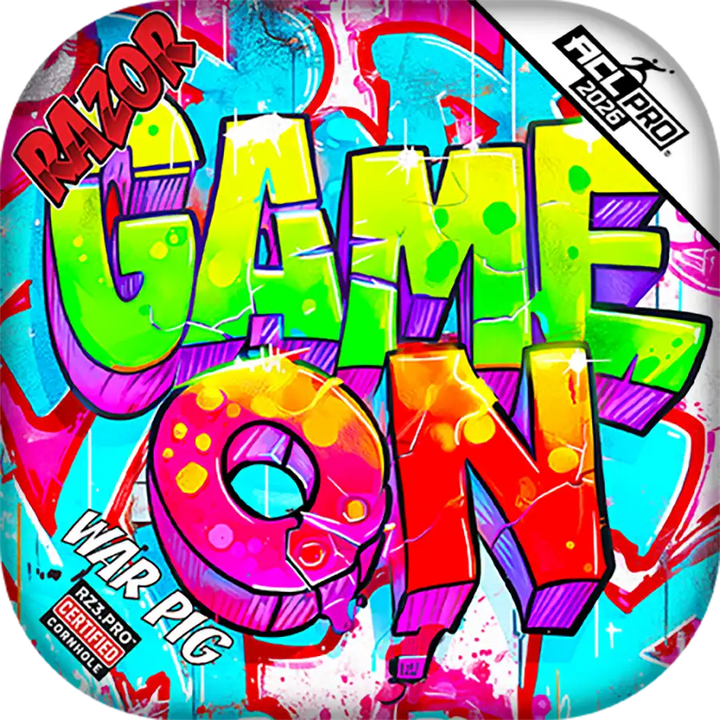 Cornhole bags with Colorful packaging with 'Game On' text and Razor branding
