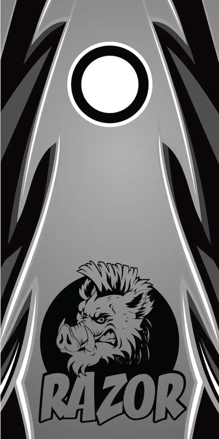 Gray graphic with a BOAR head logo and 'RAZOR' text on a black background
