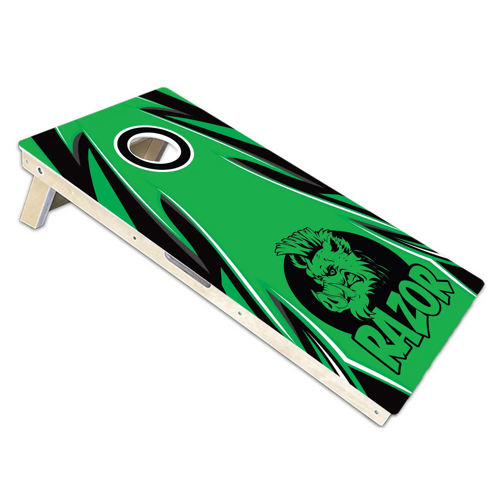 Cornhole board with green and black design featuring a logo and the word 'Razor' on a white background.