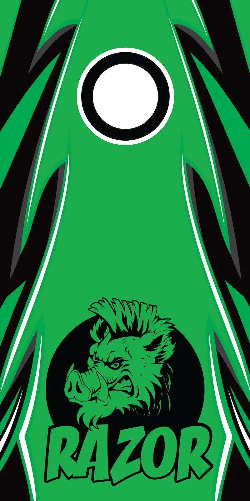 Green and black graphic with a boar head and 'RAZOR' text on a green background