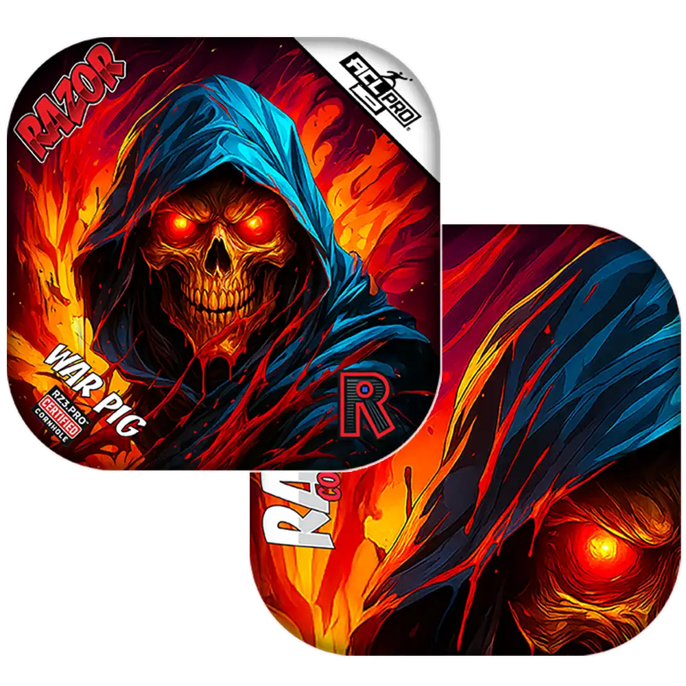 Cornhole bags with a hooded figure design featuring red eyes and flames.