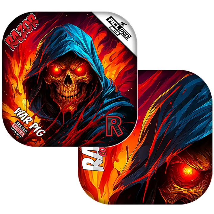 Cornhole bags with a hooded figure design featuring red eyes and flames.