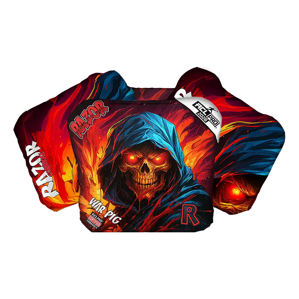 Cornhole bags with a colorful design featuring a hooded figure and 'Razor' branding on a white background.