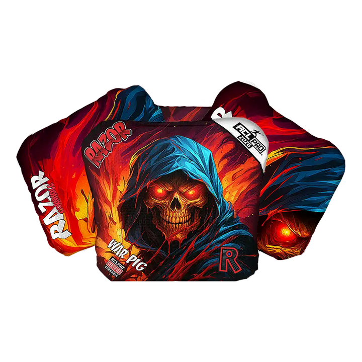 Cornhole bags with a colorful design featuring a hooded figure and 'Razor' branding on a white background.