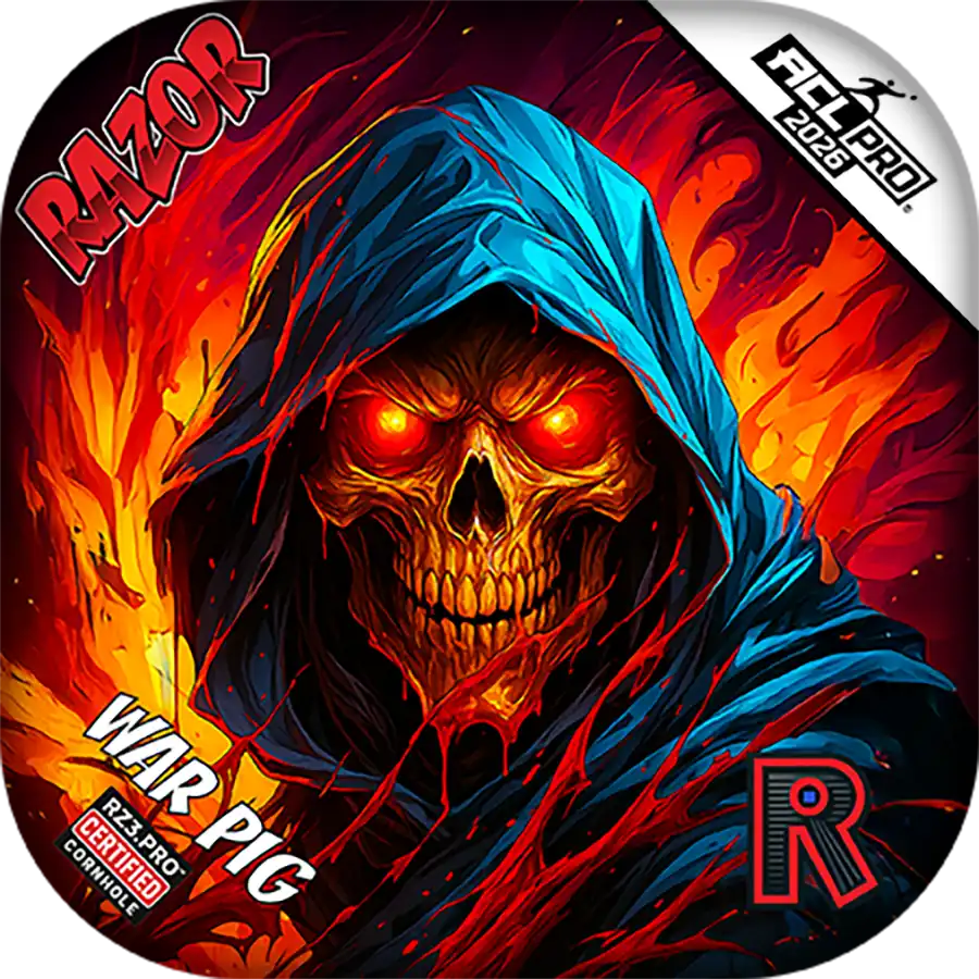 Cornhole bags with a hooded figure and fiery design, featuring the brand 'Razor'.