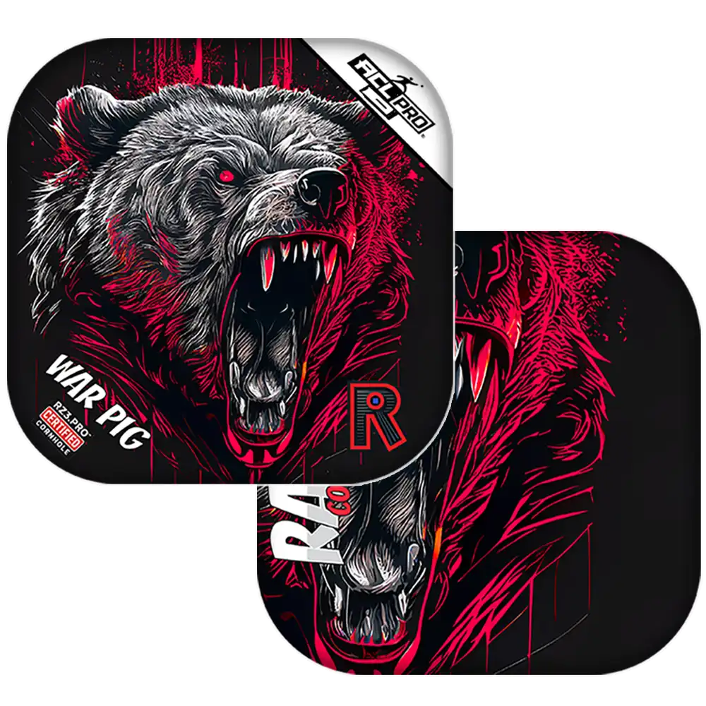 Bear-themed Cornhole bags with red and black design on a white background