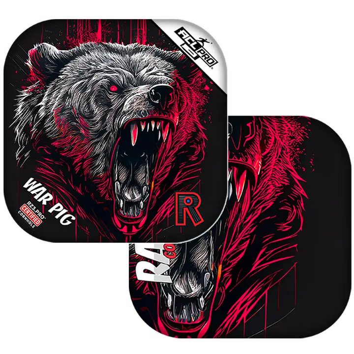 Bear-themed Cornhole bags with red and black design on a white background