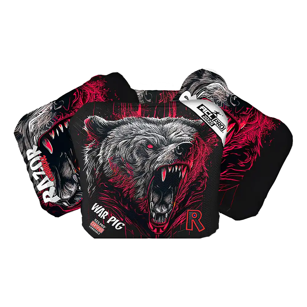 Cornhole bags with a bear graphic and 'Razor' branding on a white background