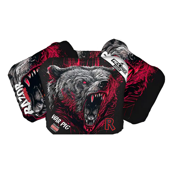 Cornhole bags with a bear graphic and 'Razor' branding on a white background