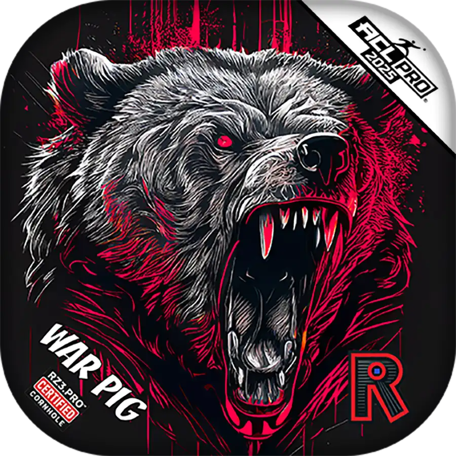 Cornhole bags with a Stylized bear illustration with red accents on a black background