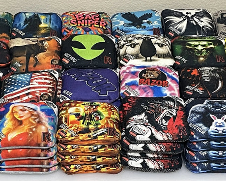 Collection of various colorful bags with different designs on a white surface