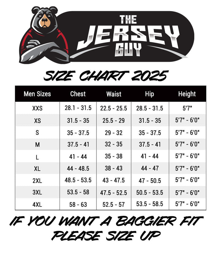 Size chart for men's clothing with 'The Jersey Guy' logo at the top.