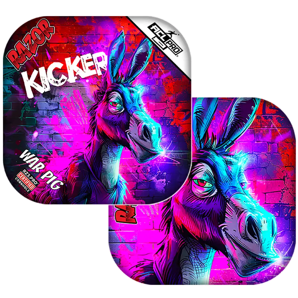 Cornhole bags with Colorful design of a donkey with Razor branding on a vibrant background