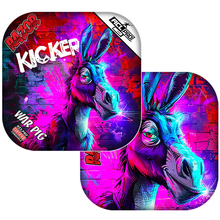 Cornhole bags with Colorful design of a donkey with Razor branding on a vibrant background