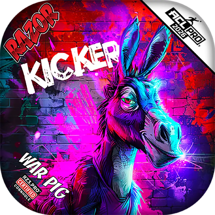 Colorful Cornhole bags with a donkey illustration on a vibrant background.