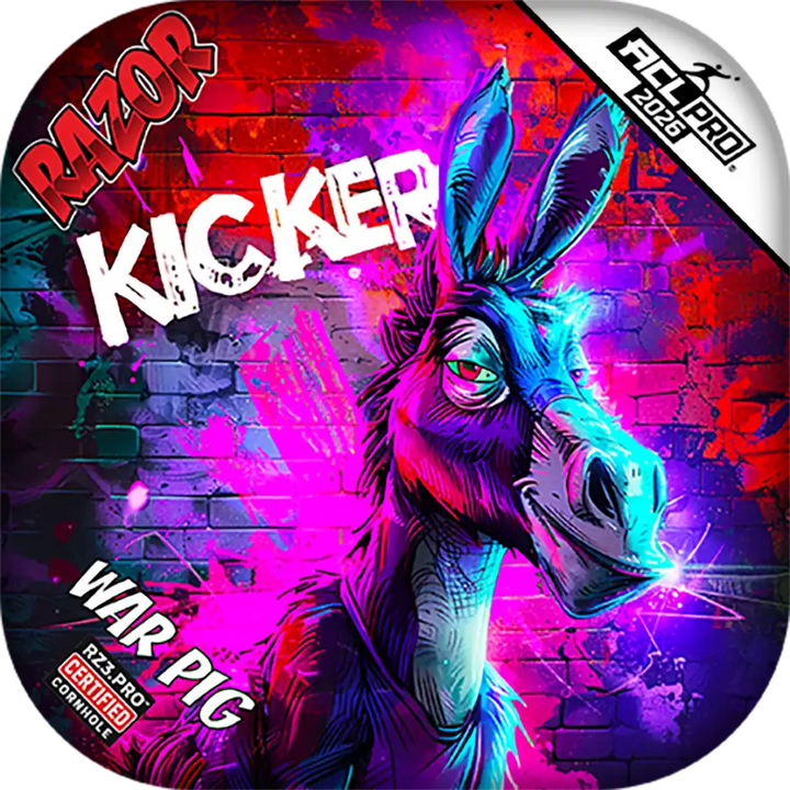 Colorful Cornhole bags with a donkey illustration on a vibrant background.