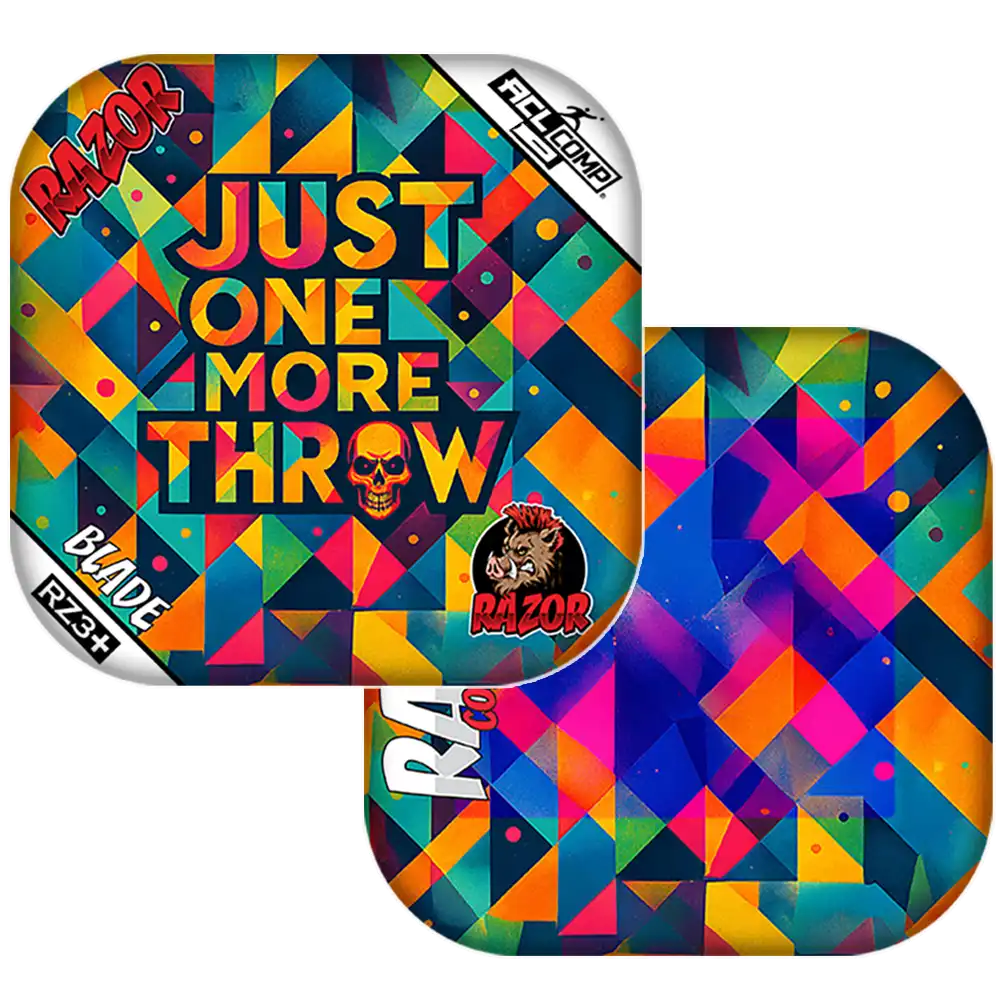 Colorful geometric design with 'Just One More Throw' text and Razor branding.