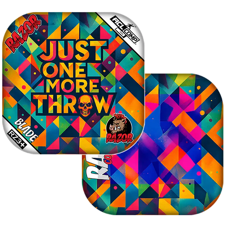 Colorful geometric design with 'Just One More Throw' text and Razor branding.