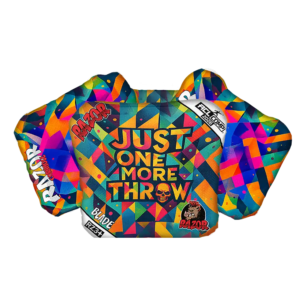 Colorful geometric-patterned product with 'Just One More Throw' text on a white background