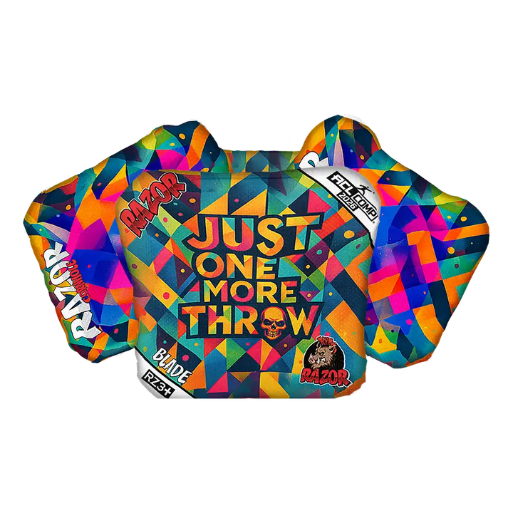 Colorful geometric-patterned product with 'Just One More Throw' text on a white background
