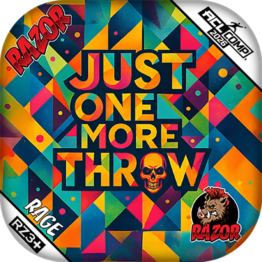 Cornhole Bag with geometric pattern and 'Just One More Throw' text, featuring the Razor brand.