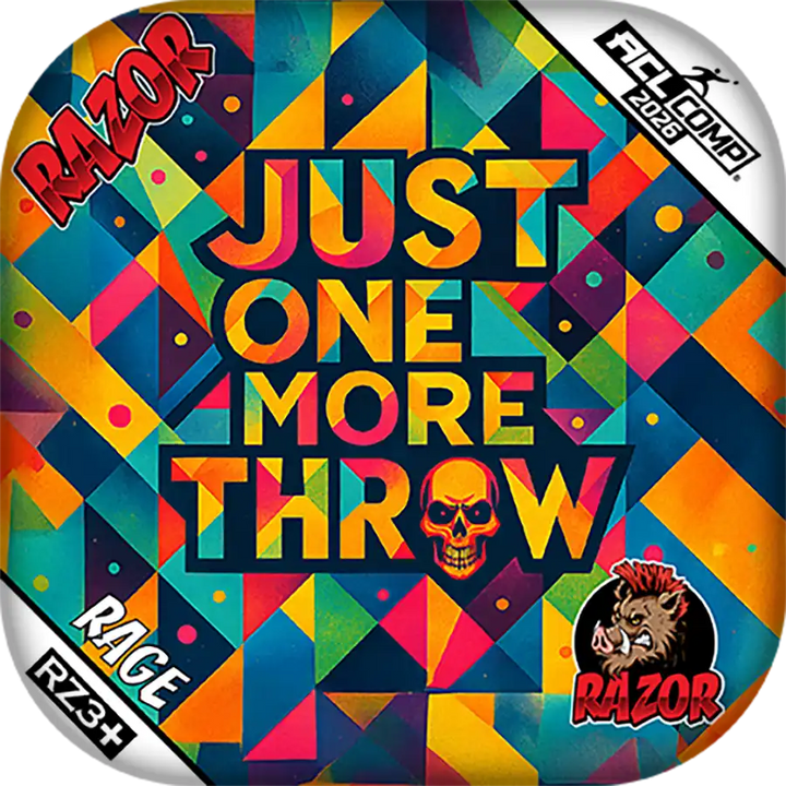 Cornhole Bag with geometric pattern and 'Just One More Throw' text, featuring the Razor brand.