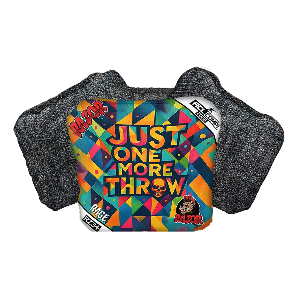 Colorful Cornhole Bag with 'Just One More Throw' text and geometric design.