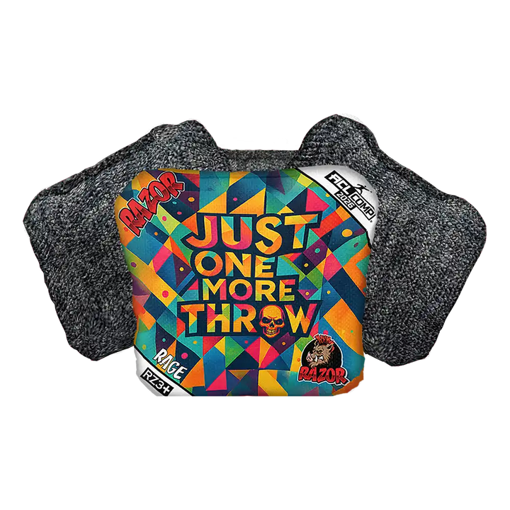 Colorful Cornhole Bag with 'Just One More Throw' text and geometric design.