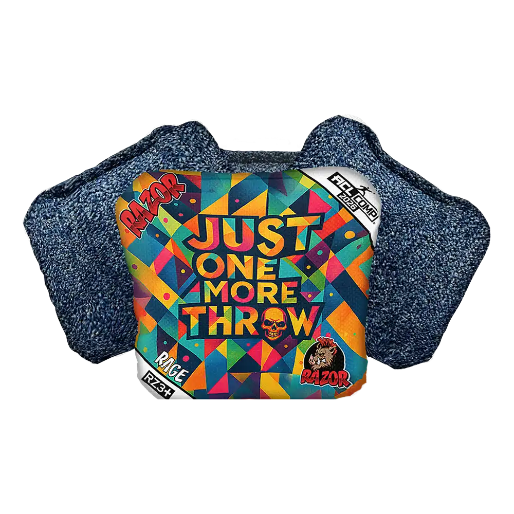 Colorful Cornhole Bag with 'Just One More Throw' text and geometric design on a white background