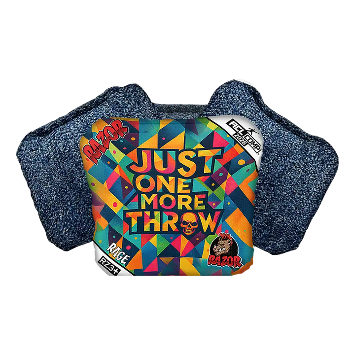 Colorful Cornhole Bag with 'Just One More Throw' text and geometric design on a white background