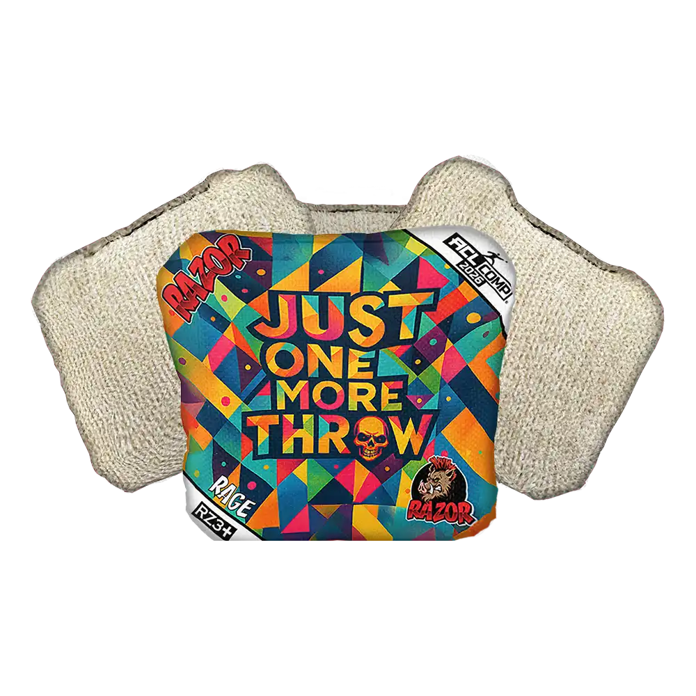 Cornhole Bag with geometric pattern and text 'Just One More Throw' on a white background
