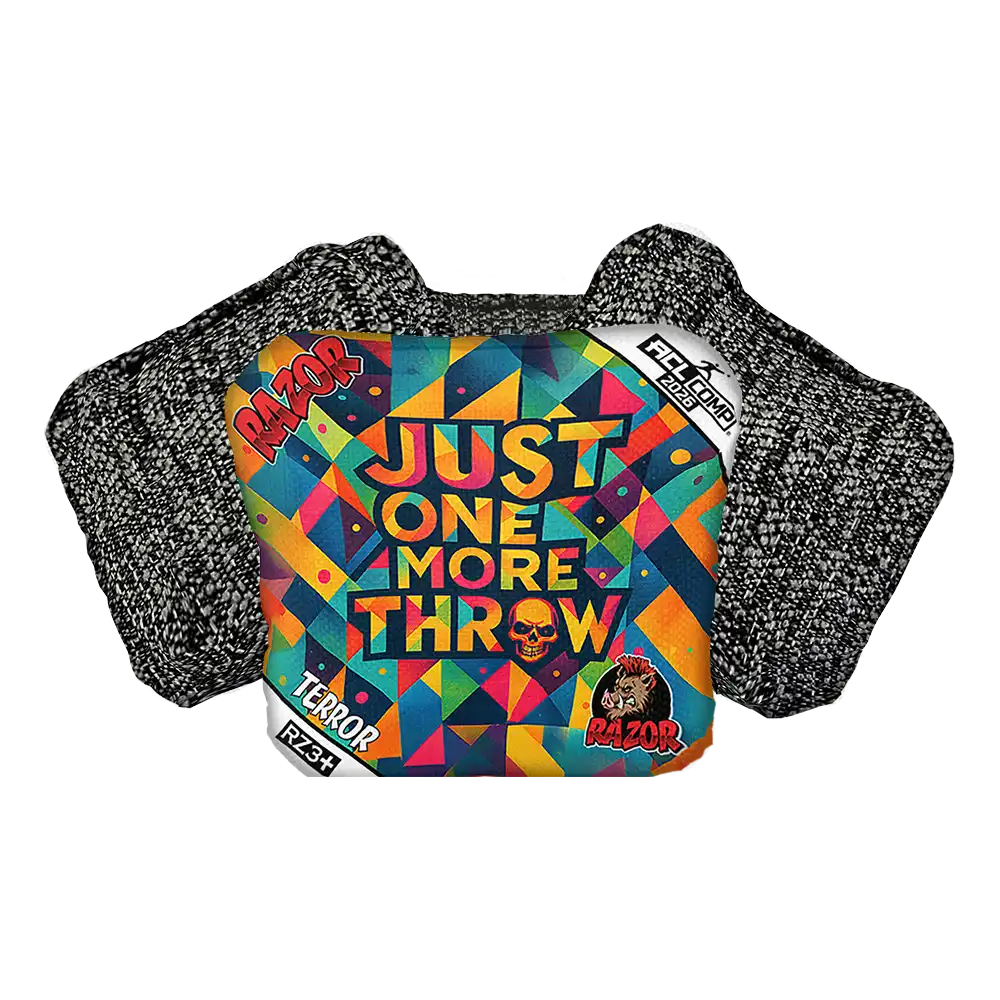 Colorful cornhole bag with geometric design and text on a white background