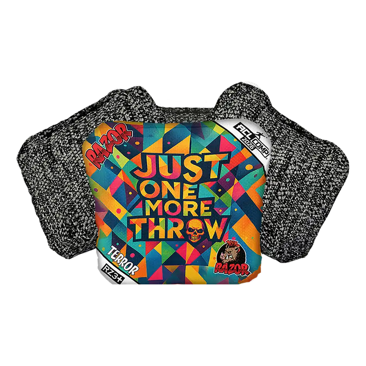 Colorful cornhole bag with geometric design and text on a white background