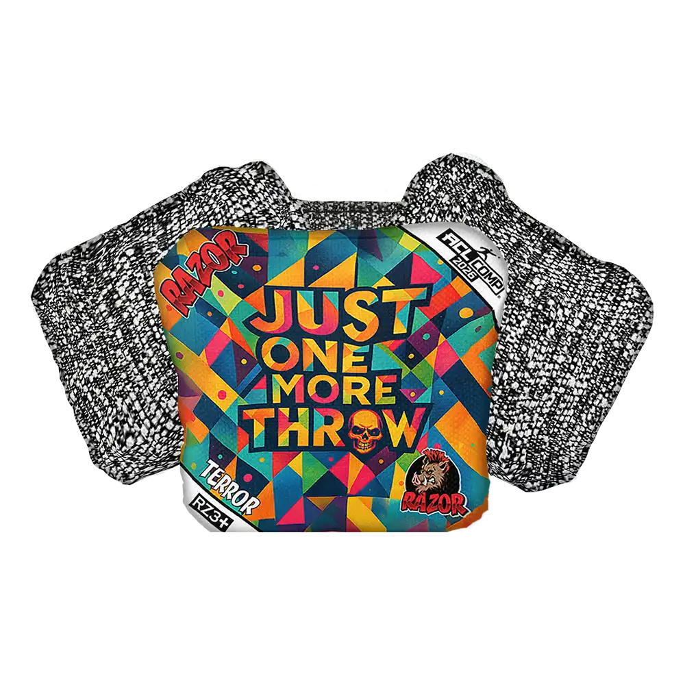 Colorful cornhole bag with geometric pattern and text 'Just One More Throw' on a white background