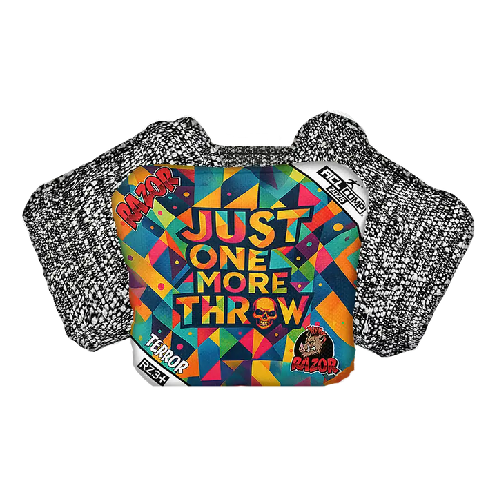 Colorful cornhole bag with geometric pattern and text 'Just One More Throw' on a white background