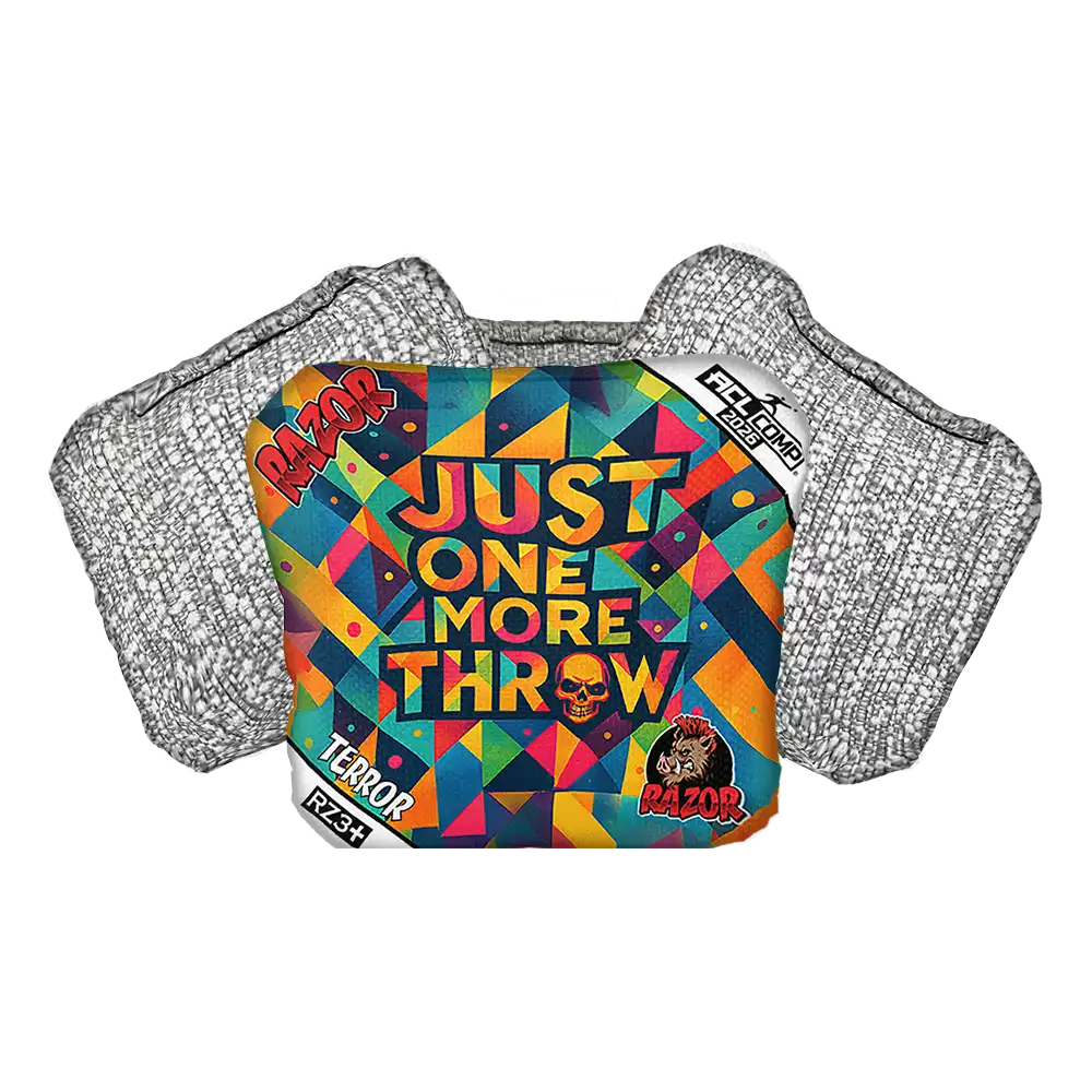 Colorful cornhole bag with geometric design and text on a white background