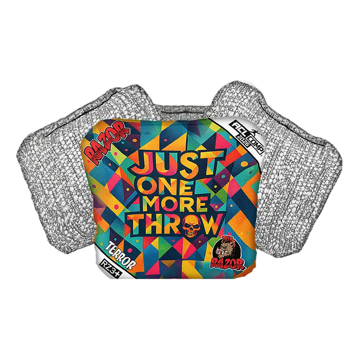 Colorful cornhole bag with geometric design and text on a white background