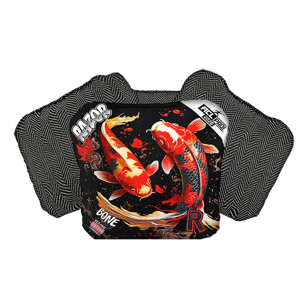 cornhole bags with Koi fish design and 'Razor' branding on a white background