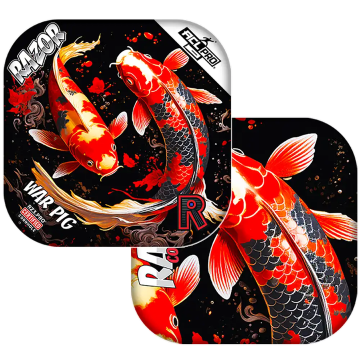 Cornhole bags with Koi fish design and 'RAZOR' branding on a black background.