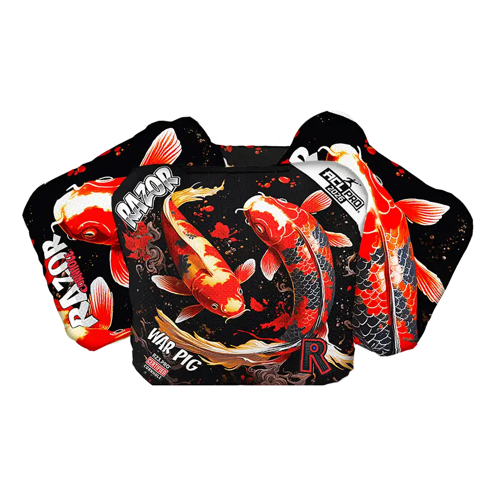 Cornhole bags with Koi fish design on a black background