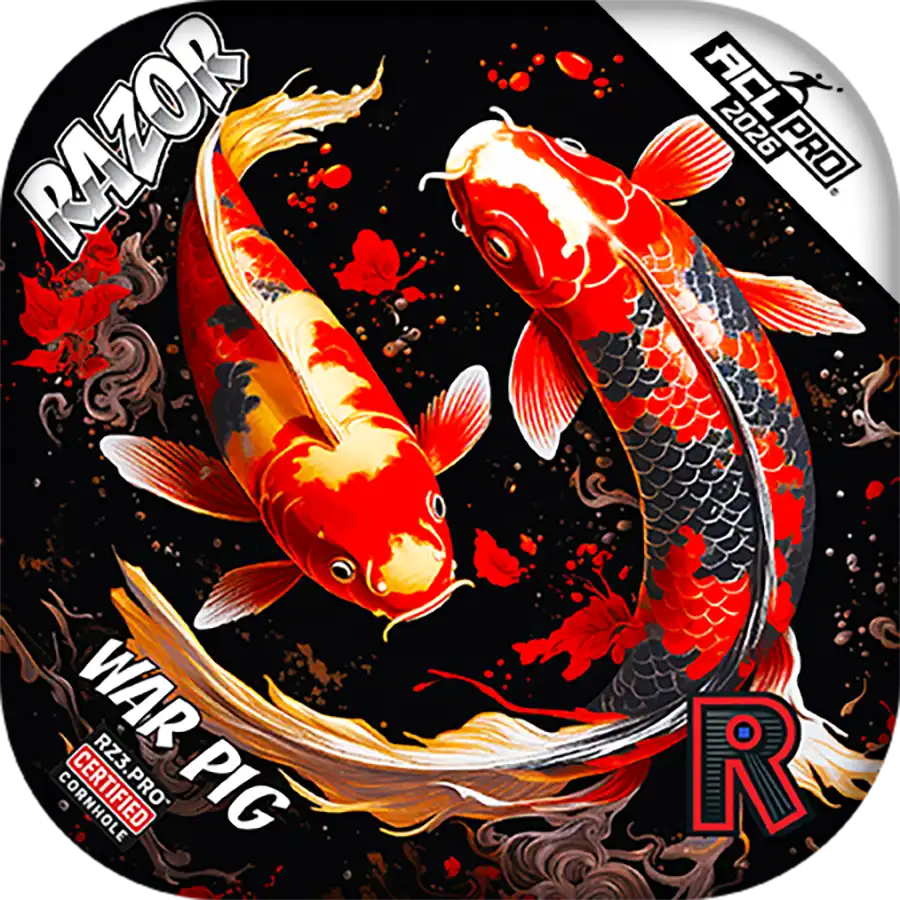 Cornhole bags with two colorful koi fish on a black background, featuring the Razor brand.