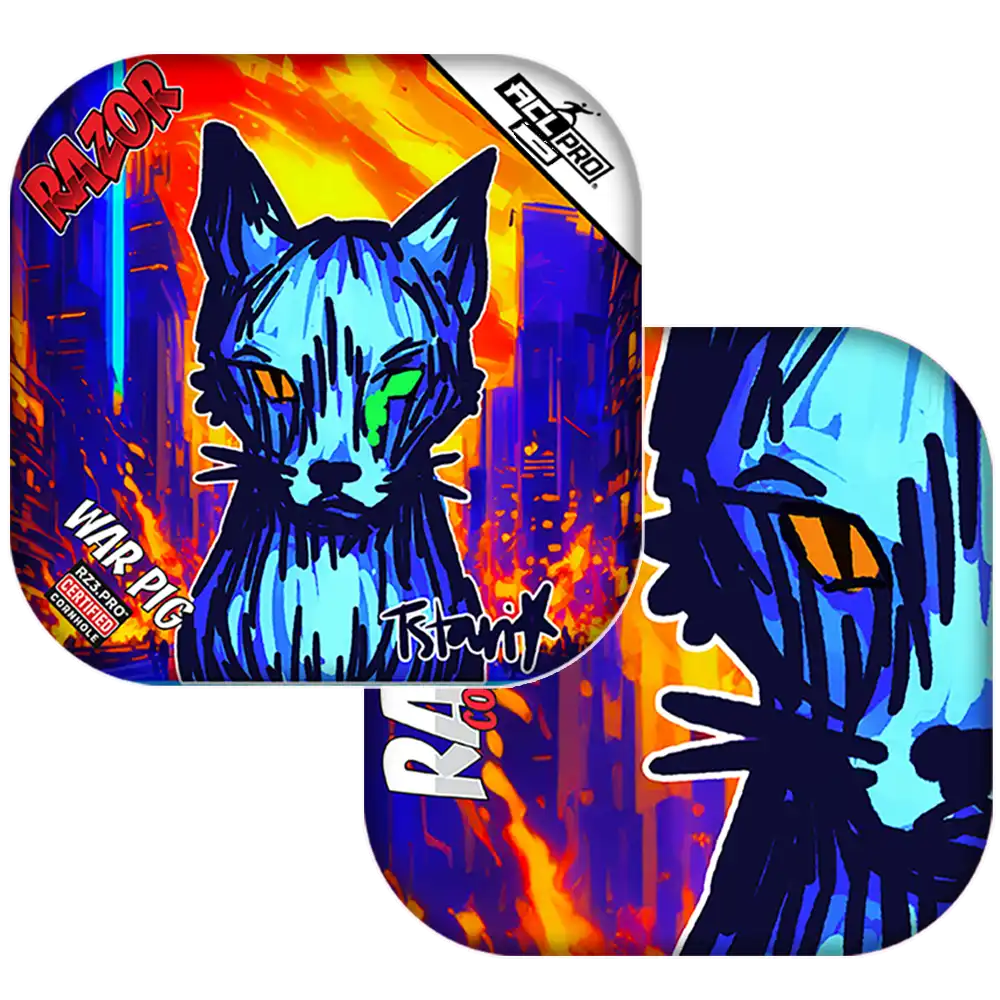 Colorful Cornhole bags with a stylized cat and abstract elements on a white background