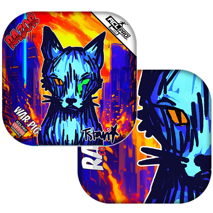 Colorful Cornhole bags with a stylized cat and abstract elements on a white background