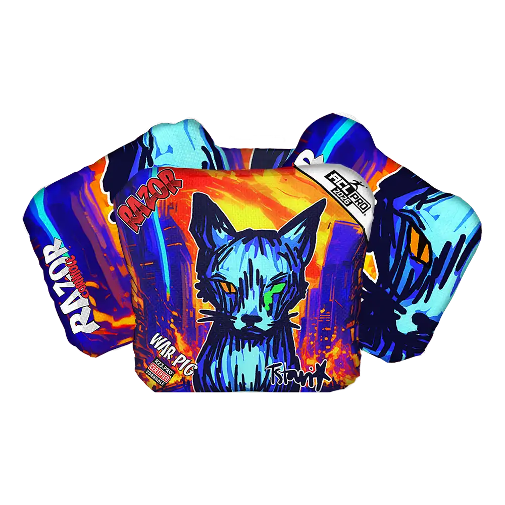 Colorful Cornhole bags with a cat illustration and brand names on a white background